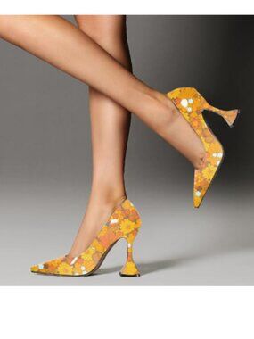 YDN Yellow Flower Pointed Toe Slip on Pumps Special High Heel Shoe for Party